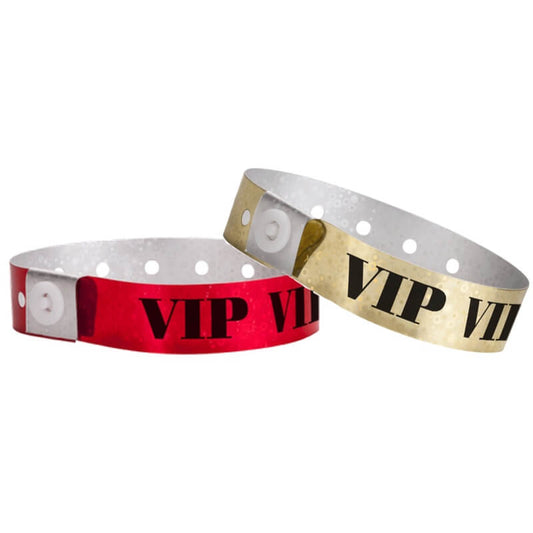 VIP Holographic plastic wristbands shown in neon red and gold