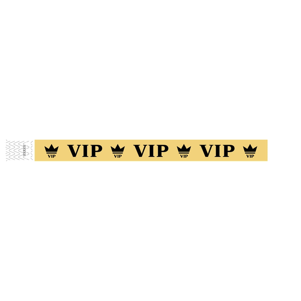 Gold wristband with text "VIP" and a crown printed in black - shown in flat 