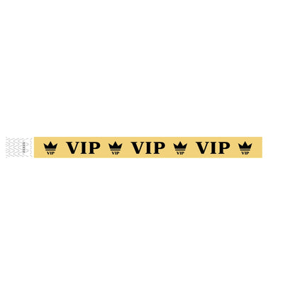 Gold wristband with text "VIP" and a crown printed in black - shown in flat 
