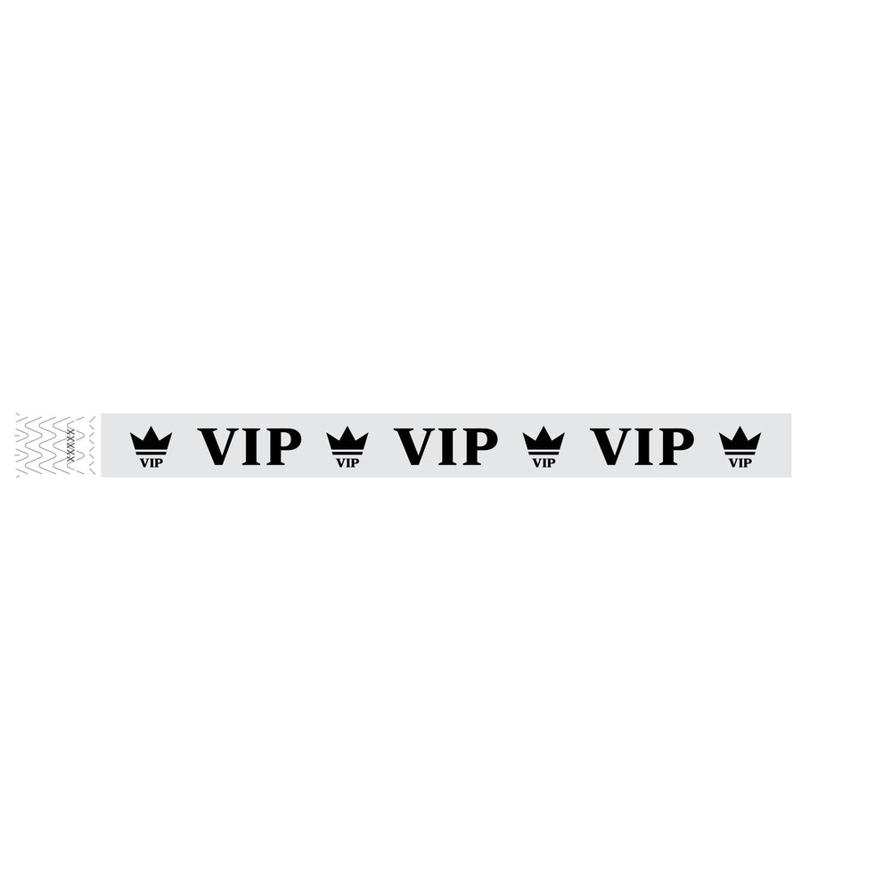 Silver wristband with text "VIP" and a crown printed in black - shown in flat 