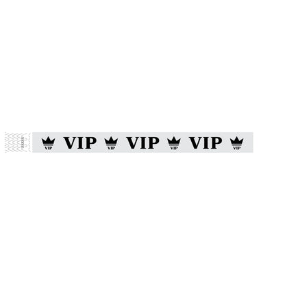 Silver wristband with text "VIP and a crown printed in black - shown in flat 
