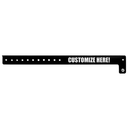 vinyl regular wristband in black with white text "CUSTOMIZE HERE!" - shown in flat 