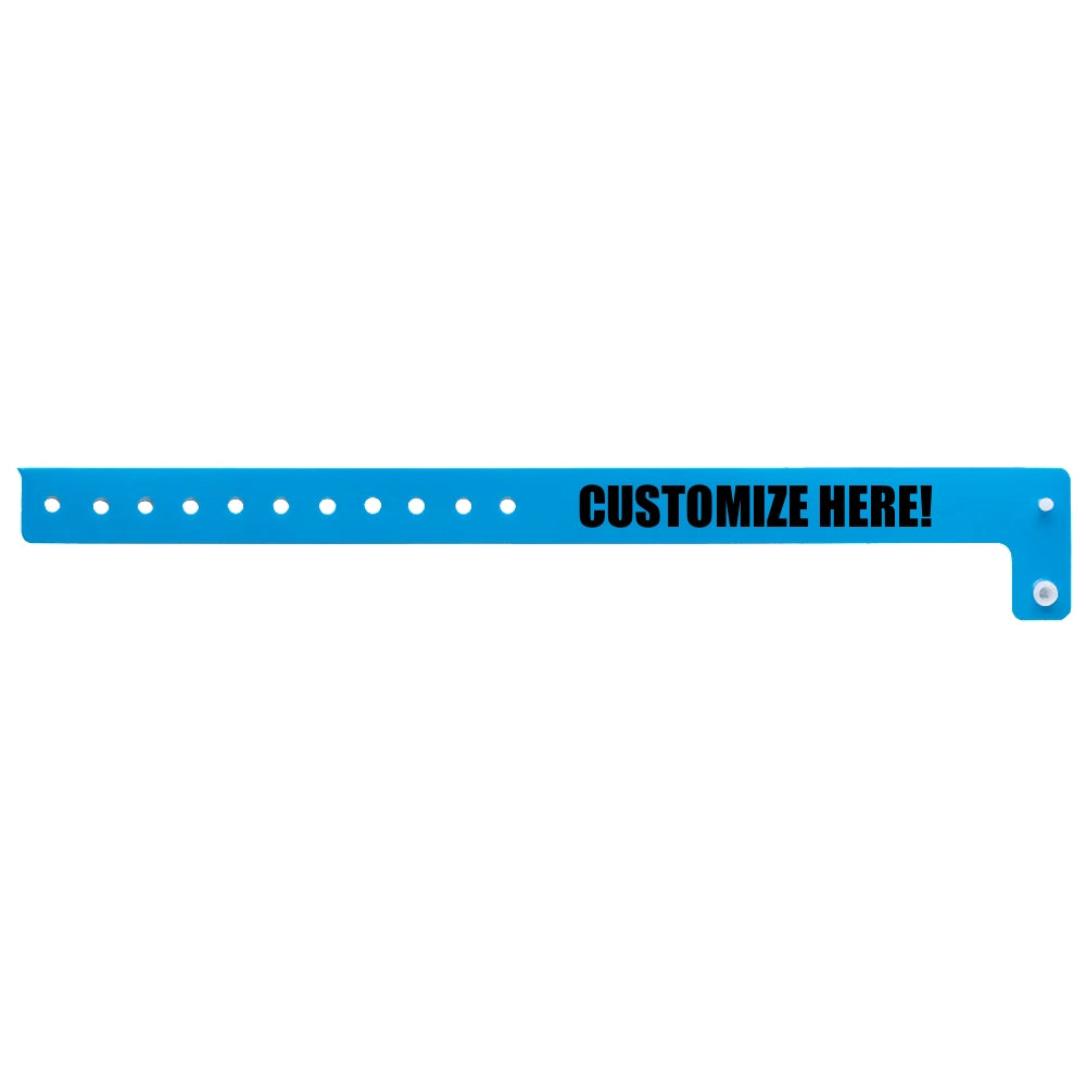 vinyl regular wristband in neon blue with black text "CUSTOMIZE HERE!" - shown in flat 