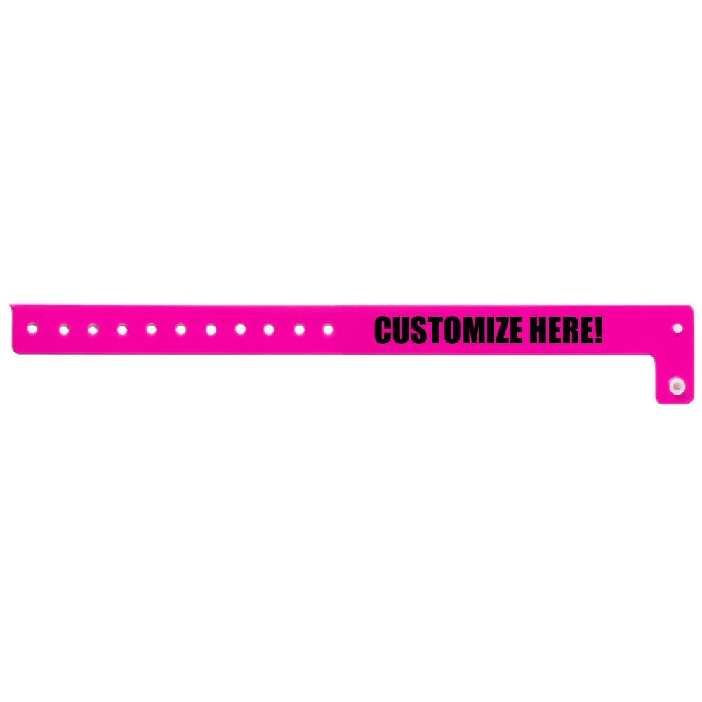 vinyl regular wristband in neon pink with black text "CUSTOMIZE HERE!" - shown in flat nk