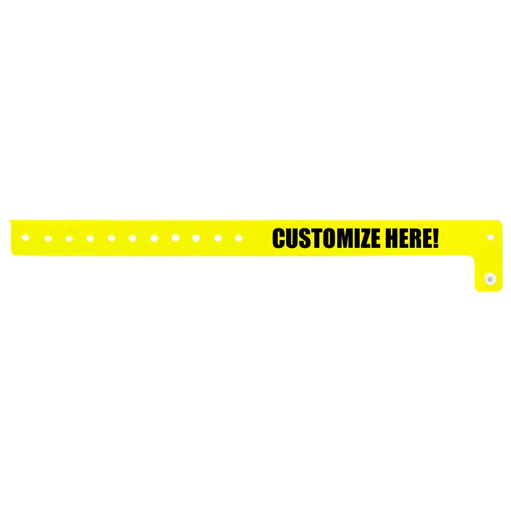 vinyl regular wristband in neon yellow with black text "CUSTOMIZE HERE!" - shown in flat 