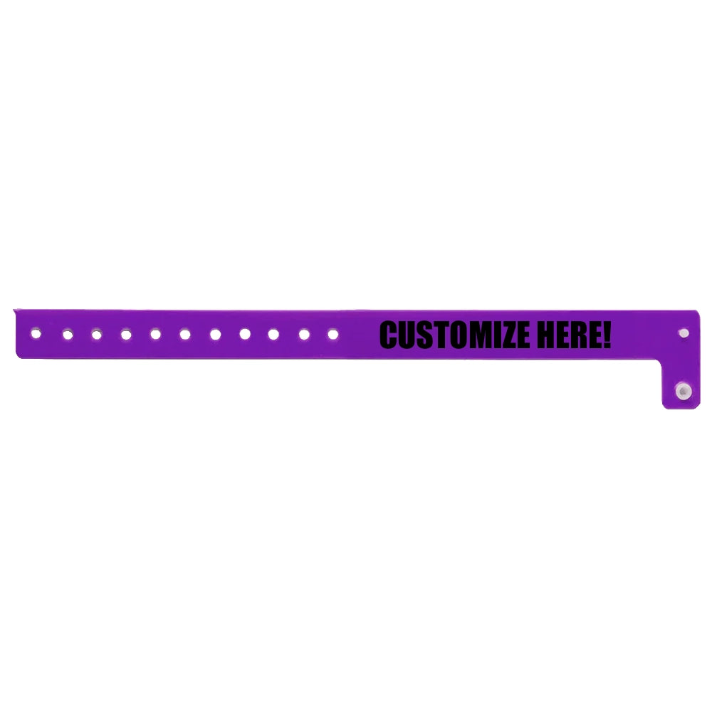 vinyl regular wristband in purple with black text "CUSTOMIZE HERE!" - shown in flat 