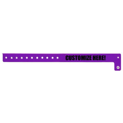 vinyl regular wristband in purple with black text "CUSTOMIZE HERE!" - shown in flat 
