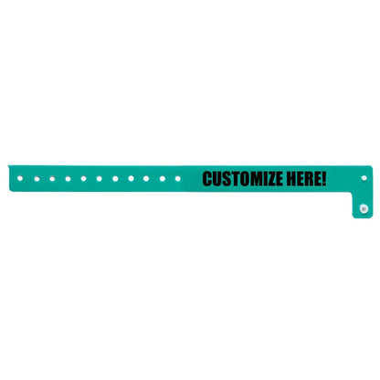 vinyl regular wristband in teal with black text "CUSTOMIZE HERE!" - shown in flat 