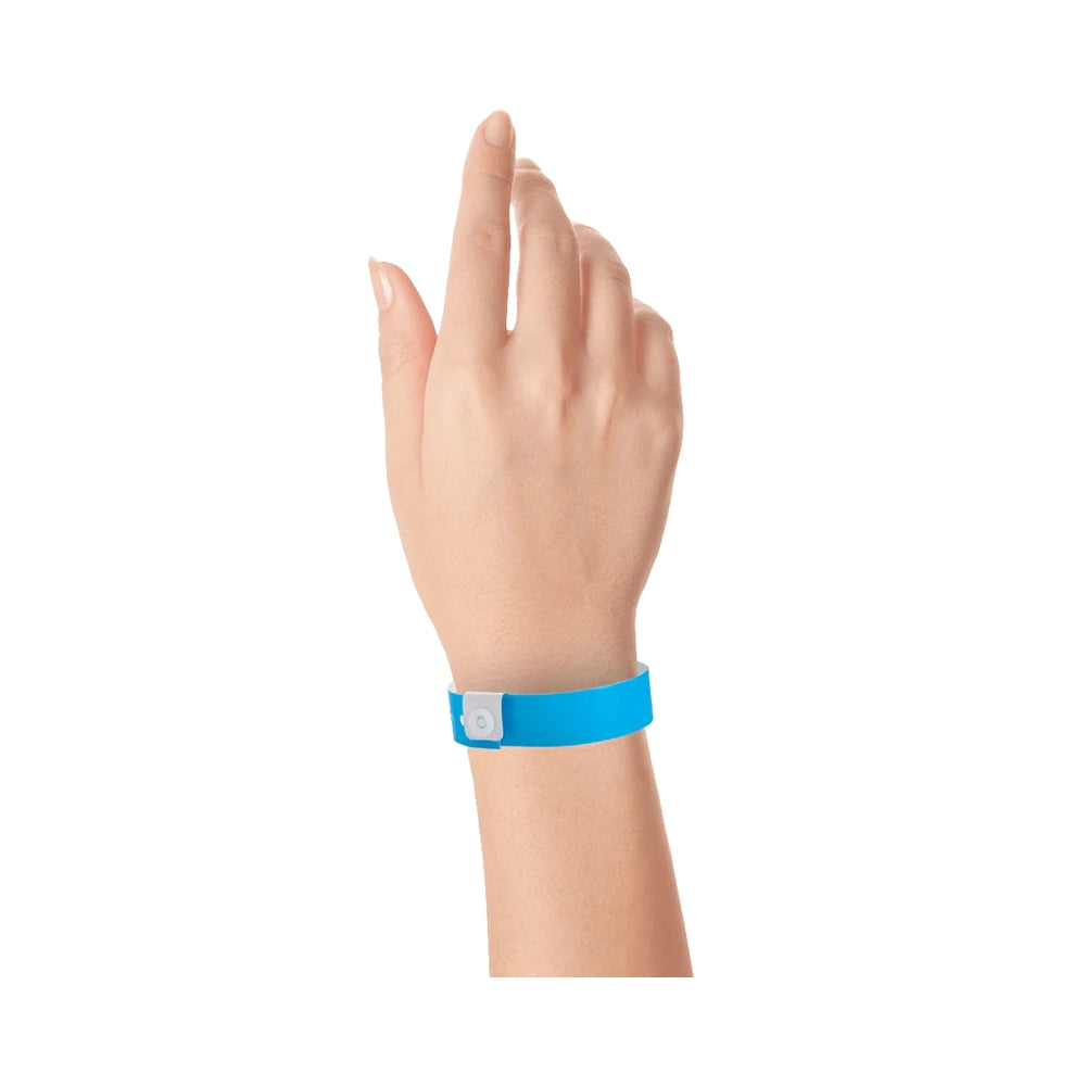 vinyl regular wristband in neon blue - shown on wrist