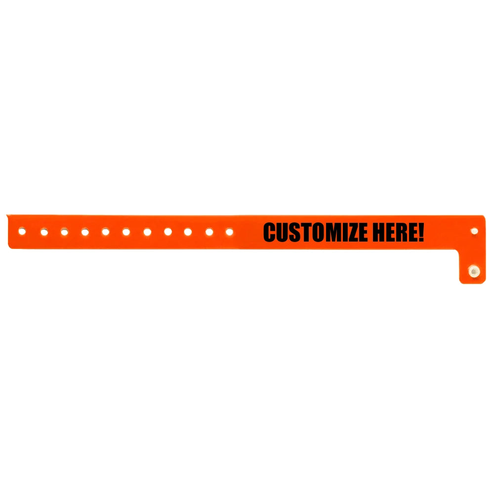 vinyl regular wristband in neon orange with black text "CUSTOMIZE HERE!" - shown in flat