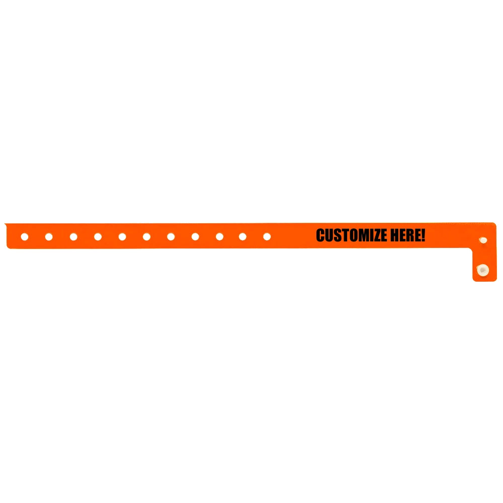 vinyl slim wristband in neon orange with black text "CUSTOMIZE HERE!" - flat version shown 