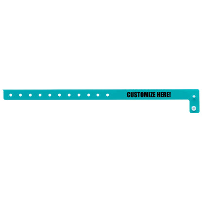 vinyl slim wristband in teal with black text "CUSTOMIZE HERE!" - flat version shown 