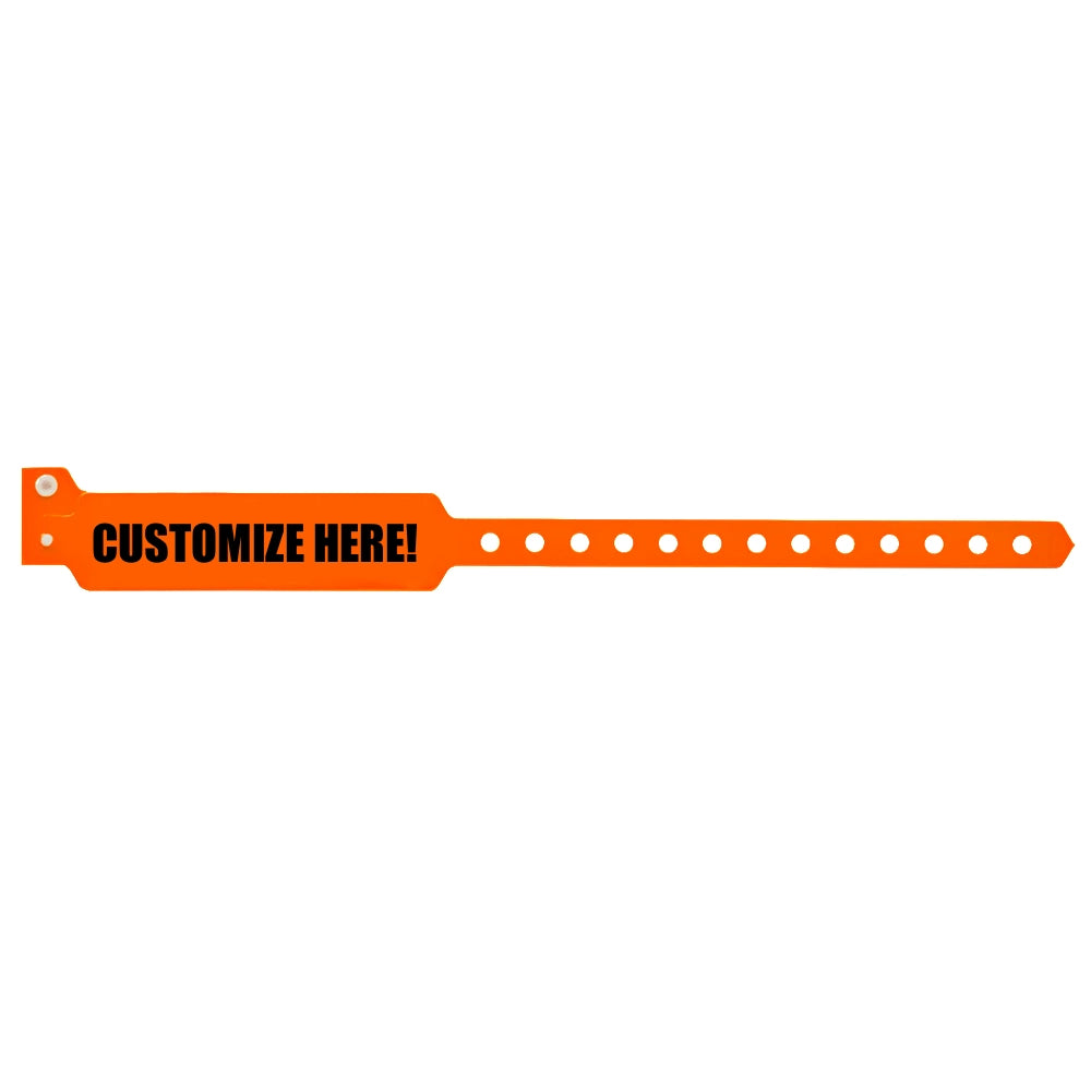 vinyl wide face wristband in neon orange with black text "CUSTOMIZE HERE!" - shown in flat 