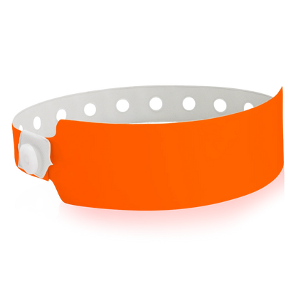 vinyl wide face wristband in neon orange - round version shown 