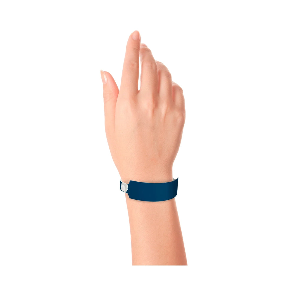 vinyl wide face wristband in navy blue - shown on wrist 