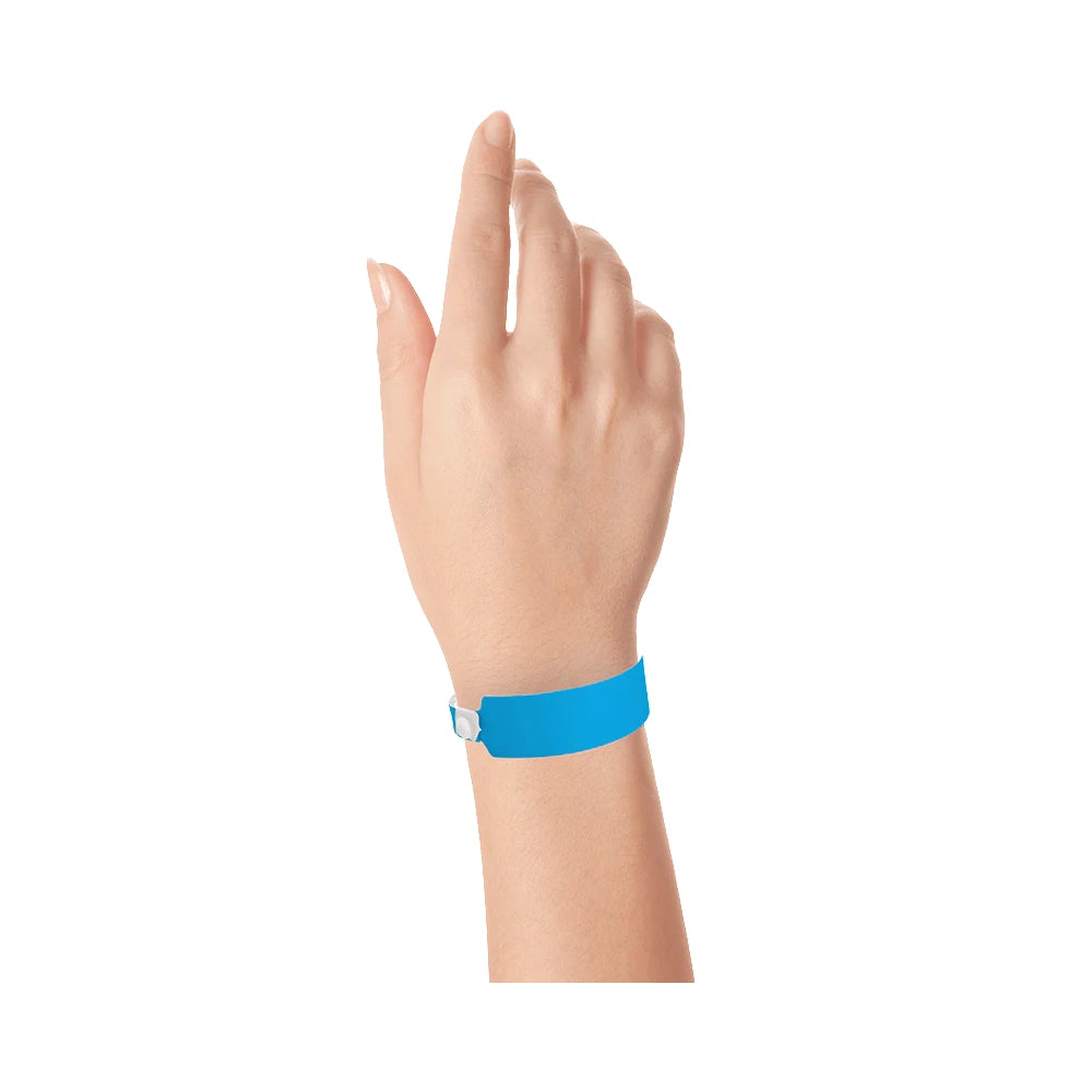 vinyl wide face wristband in neon blue - shown on wrist 