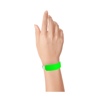 vinyl wide face wristband in neon green - shown on wrist 
