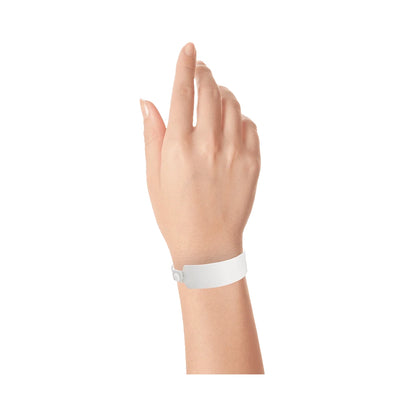 vinyl wide face wristband in silver - shown on wrist 