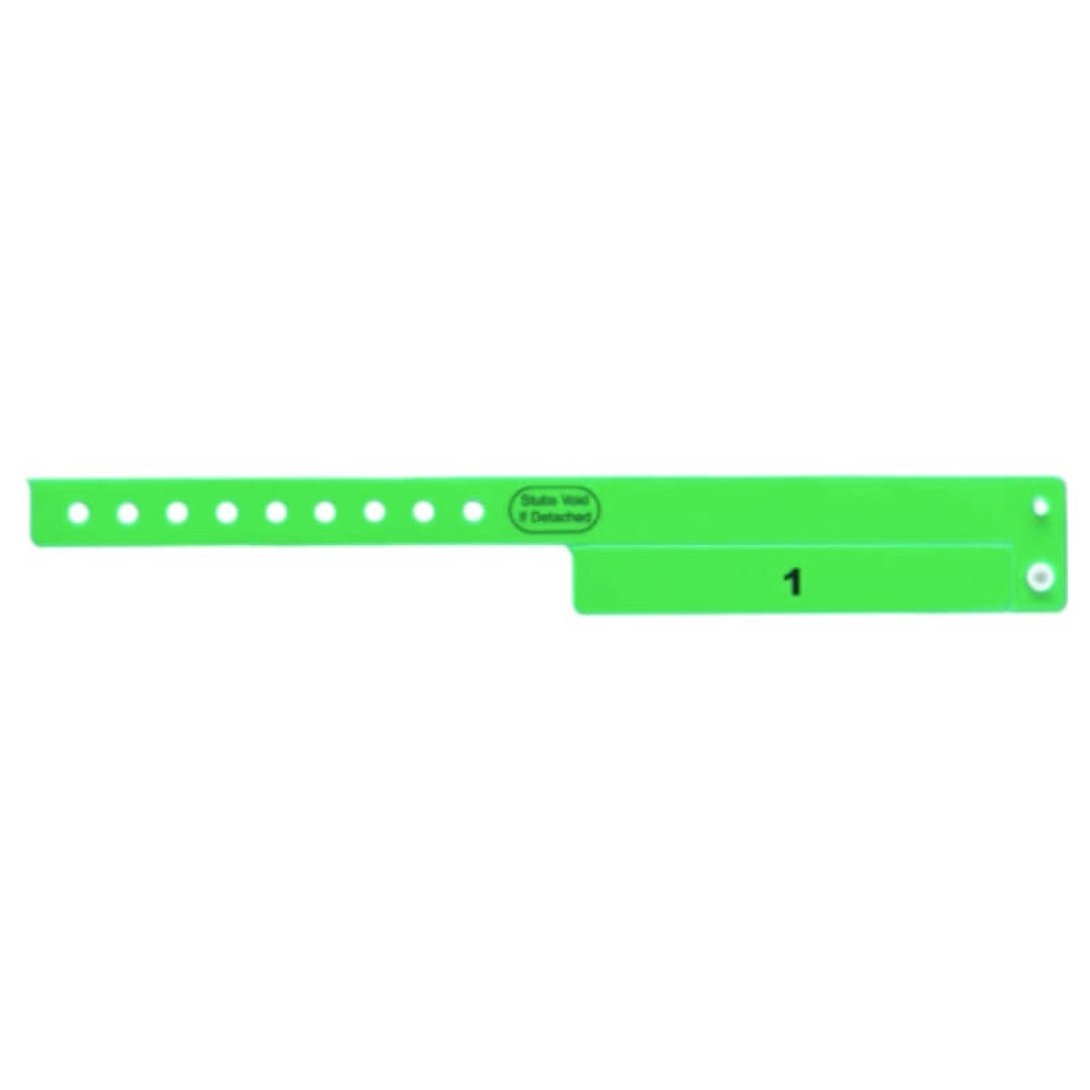 vinyl wristband with 1 tab in neon green - flat version shown 