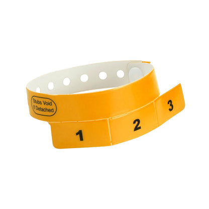 vinyl wristband with 3 tab in neon orange - round version shown 