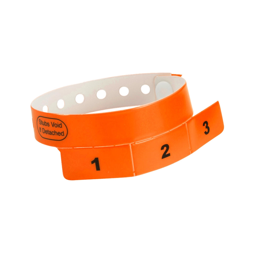 vinyl wristband with 3 tab in orange - round version shown 