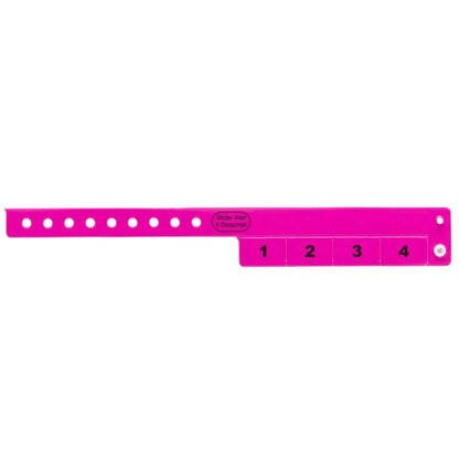 vinyl wristband with 4 tab in neon pink - flat version shown 