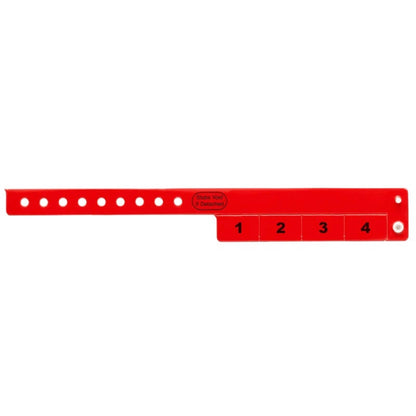 vinyl wristband with 4 tab in neon red - flat version shown 
