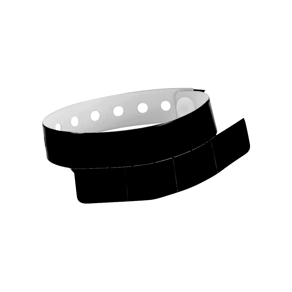 vinyl wristband with 4 tab in black - round version shown 
