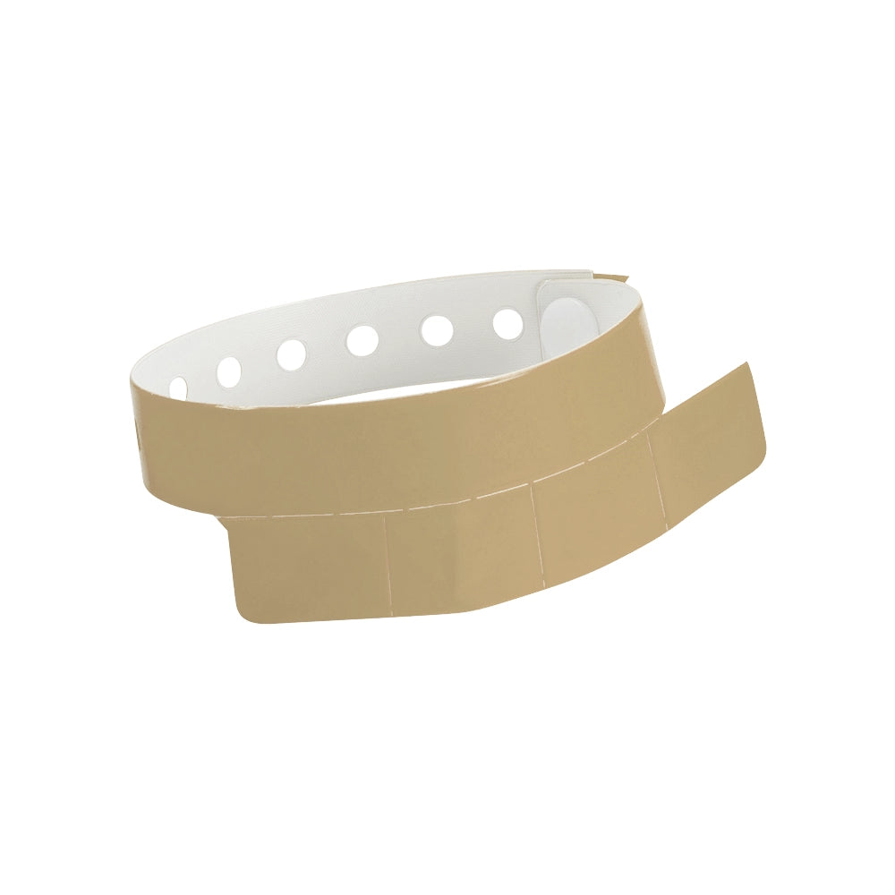 vinyl wristband with 4 tab in gold - round version shown 