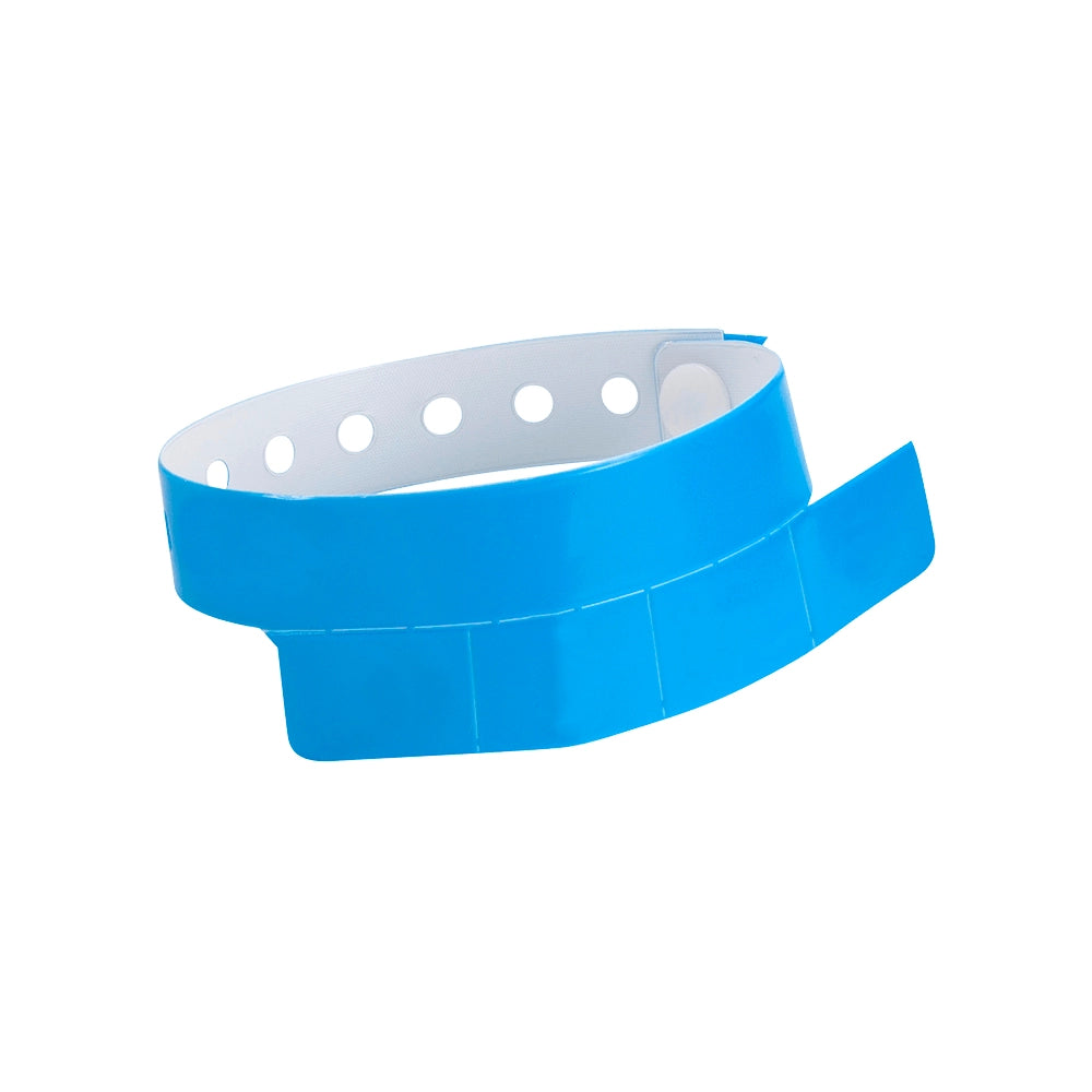 vinyl wristband with 4 tab in neon blue - round version shown 