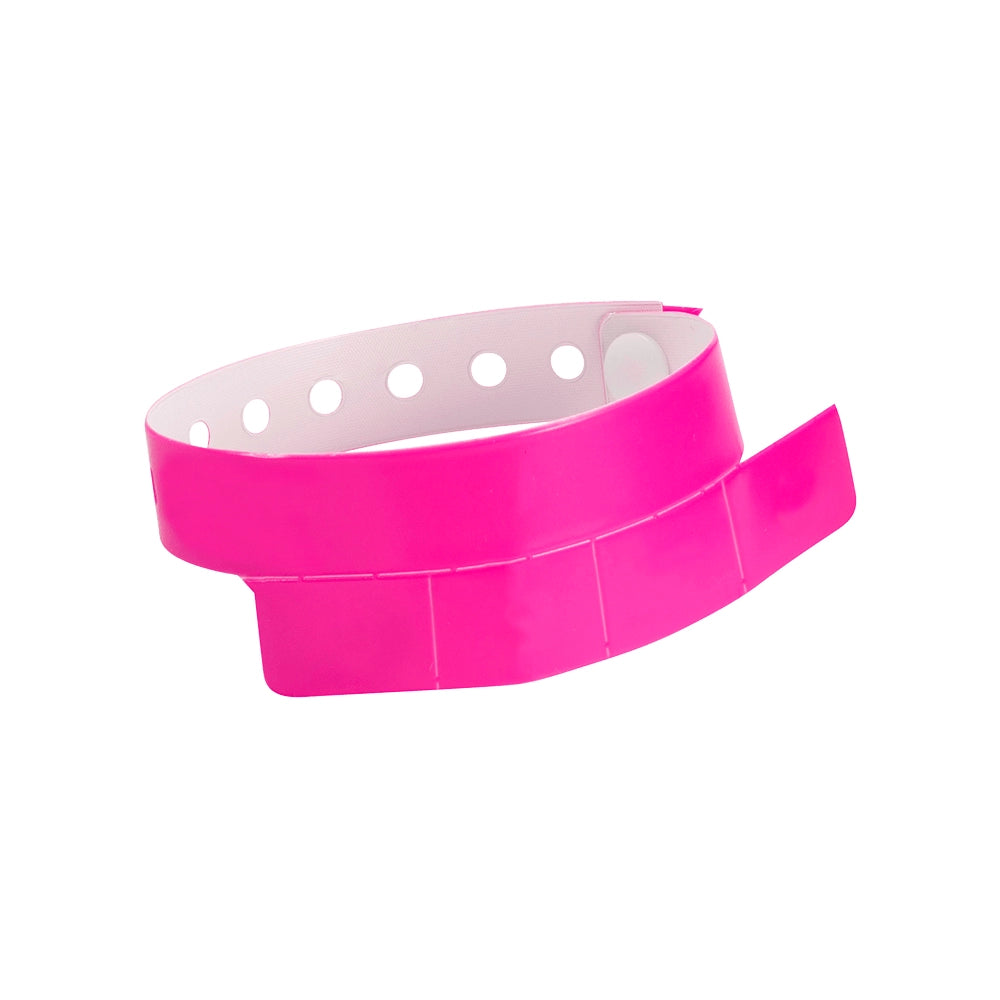 vinyl wristband with 4 tab in neon pink - round version shown 