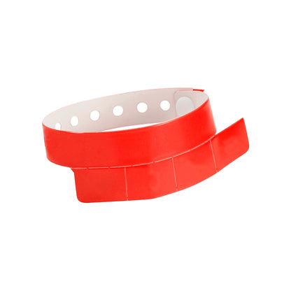 vinyl wristband with 4 tab in neon red - round version shown 