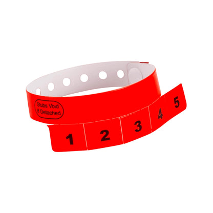 vinyl wristband with 5 tabs in neon red - shown in round 