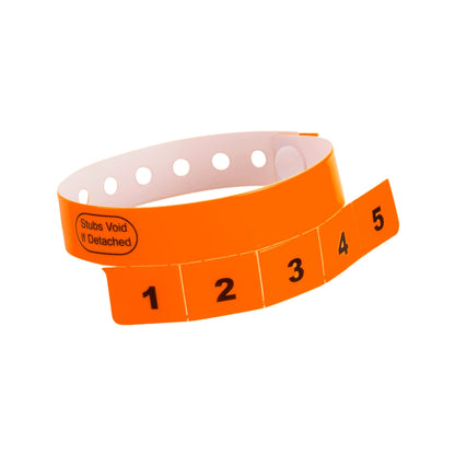 vinyl wristband with 5 tabs in orange - shown in round 