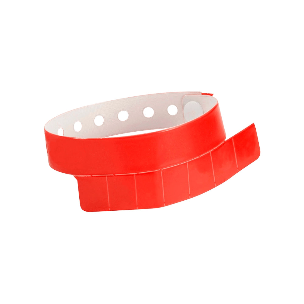 vinyl wristband with 7 tabs in neon red - shown in round 