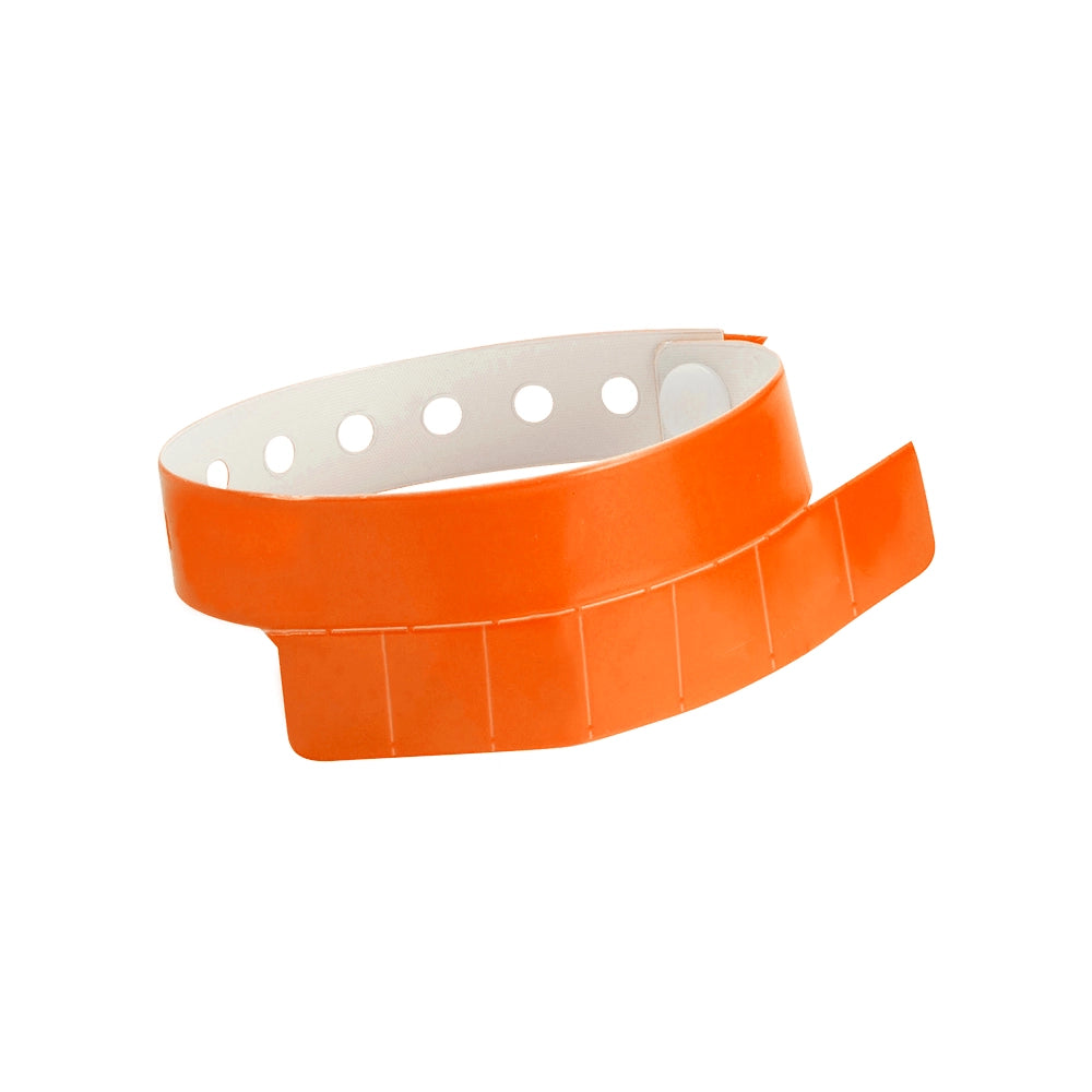 vinyl wristband with 7 tabs in neon orange - shown in round 