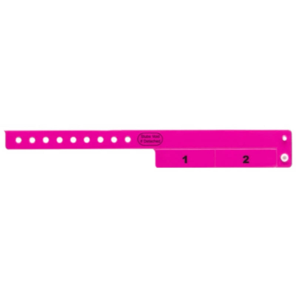 vinyl wristband with 2 tab in neon pink - flat version shown 