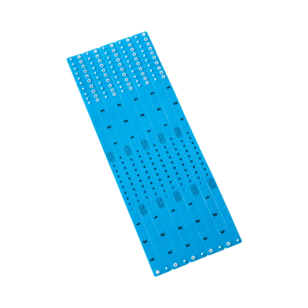 vinyl wristband with 3 tab in neon blue - shown  in sheets of 10 