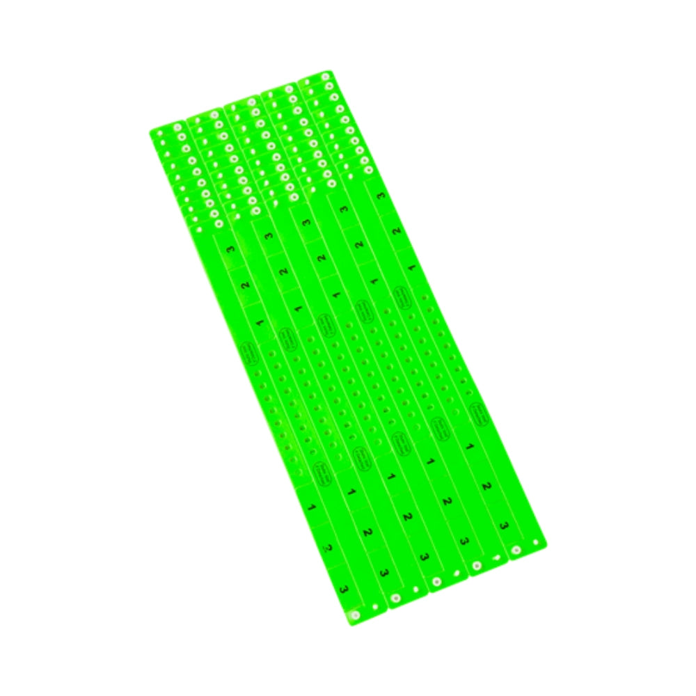 vinyl wristband with 3 tab in neon green - shown  in sheets of 10