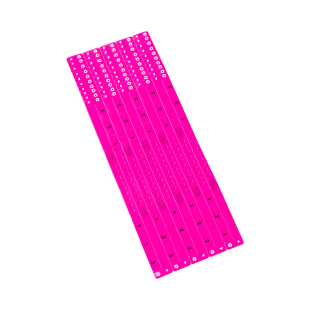 vinyl wristband with 3 tab in neon pink - shown  in sheets of 10