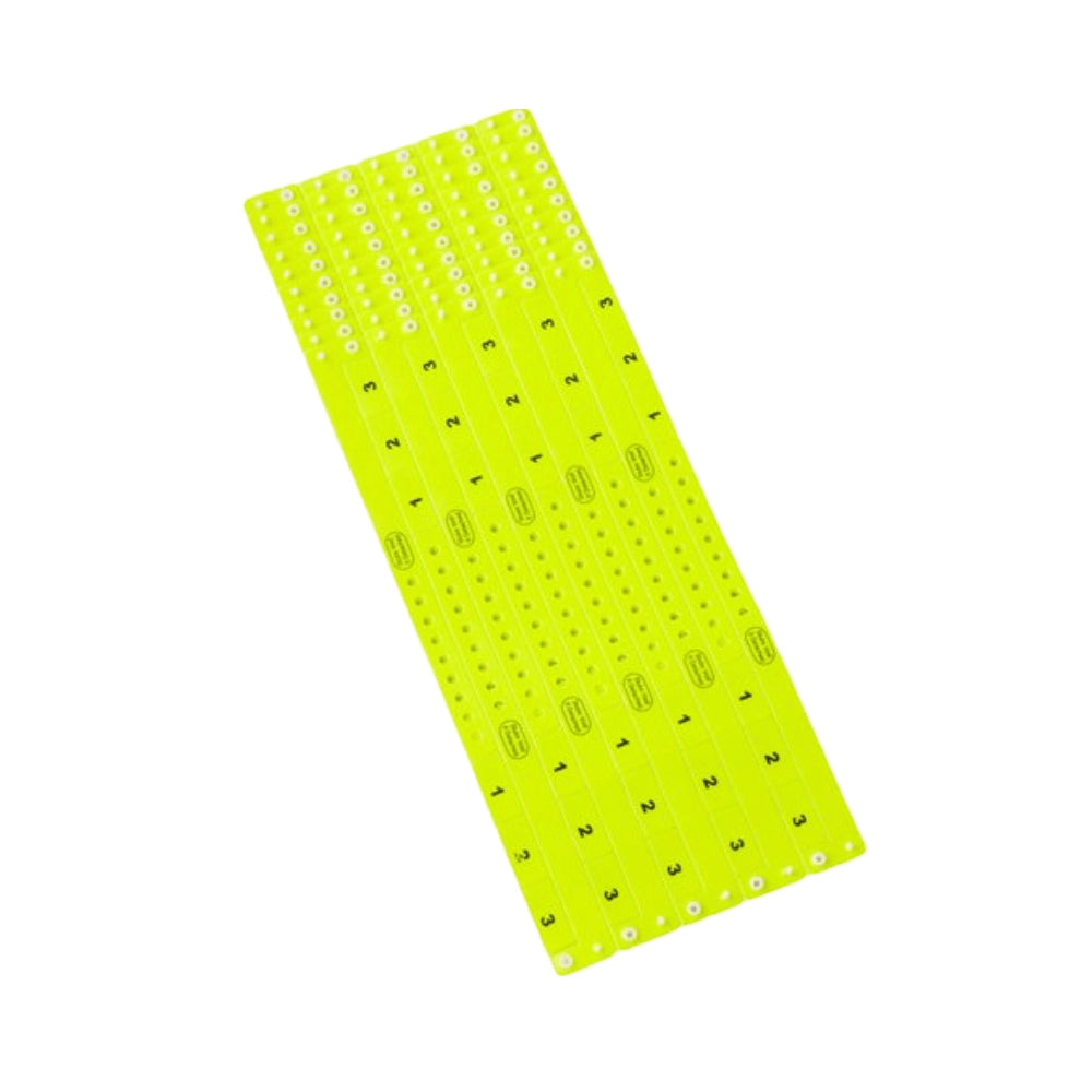 vinyl wristband with 3 tab in neon yellow - shown  in sheets of 10
