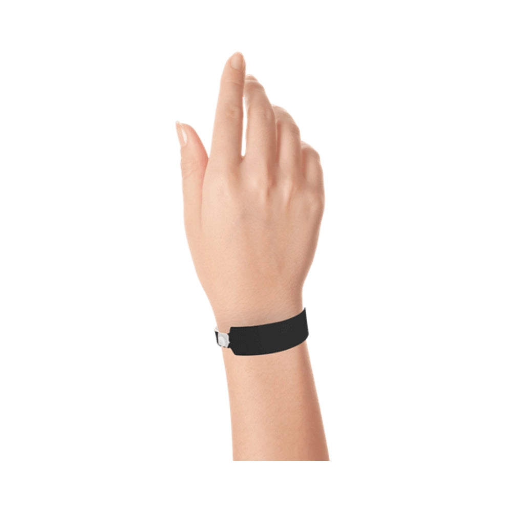 vinyl wide face wristband in black - shown on wrist 