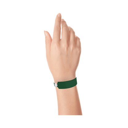 vinyl wide face wristband in forest green - shown on wrist 
