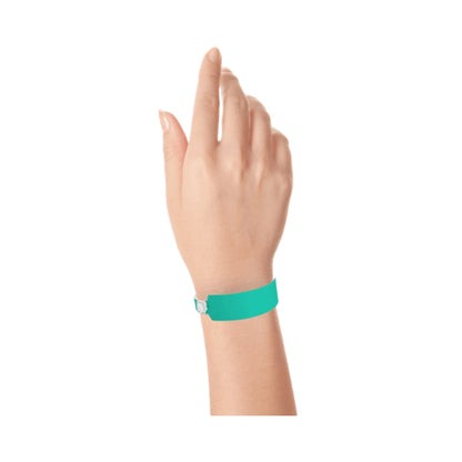 vinyl wide face wristband in teal - shown on wrist 