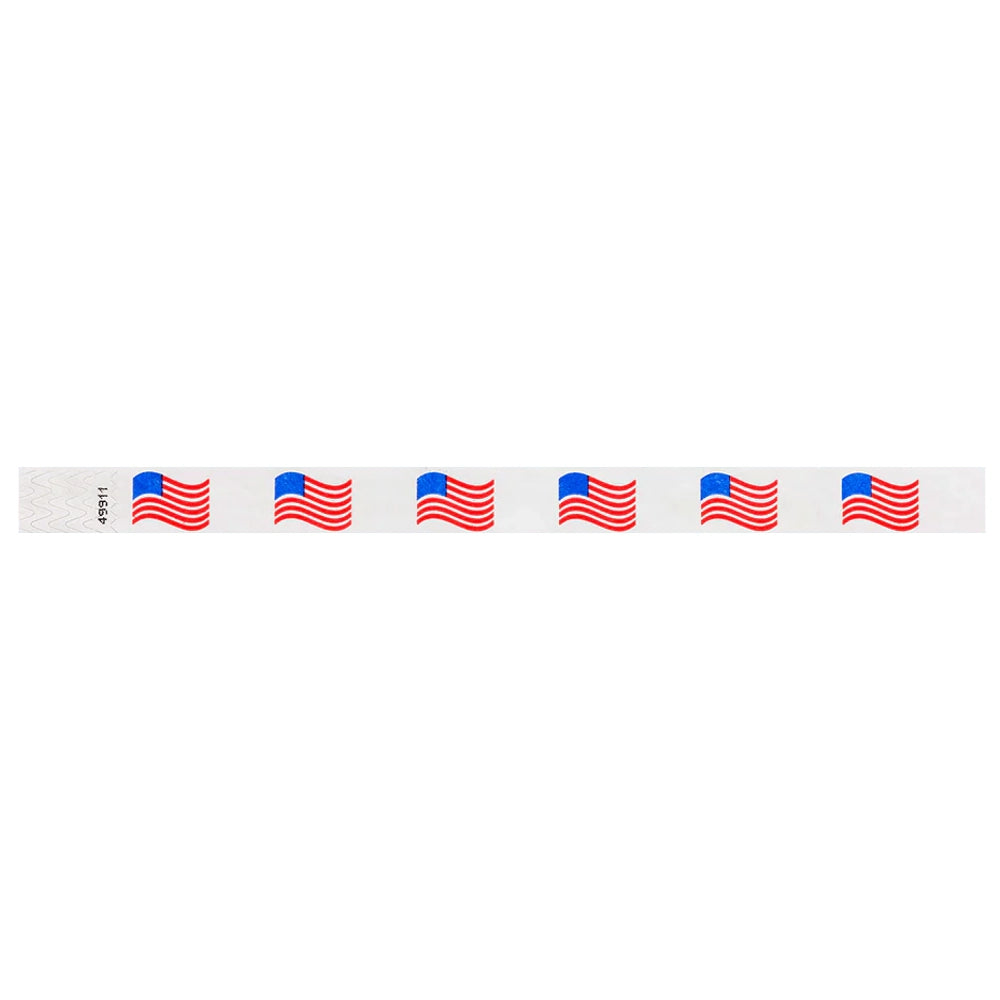 White wristband with wavy american flags across the band - shown in flat