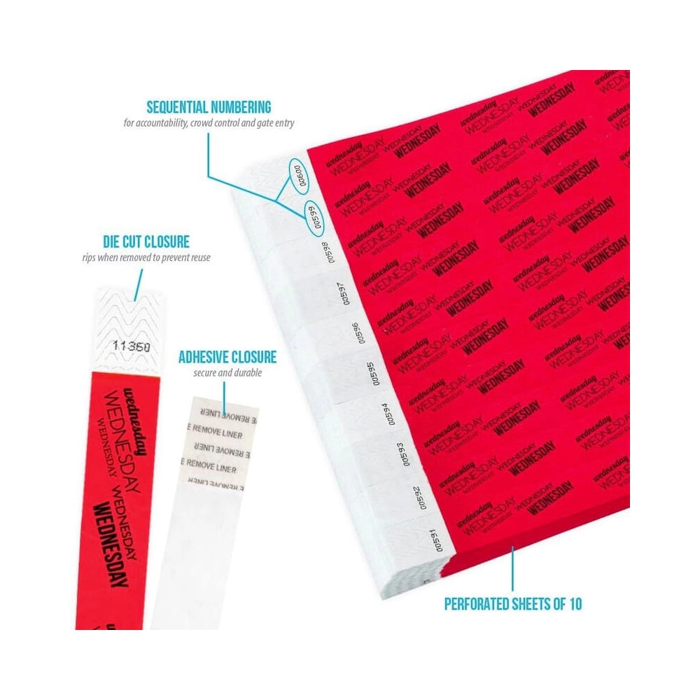 Product packaging with die cut closure, sequential numbering, durable adhesive closure, and perforated sheets of 10; shown in a neon red tyvek wristband with black wednesday text repeated