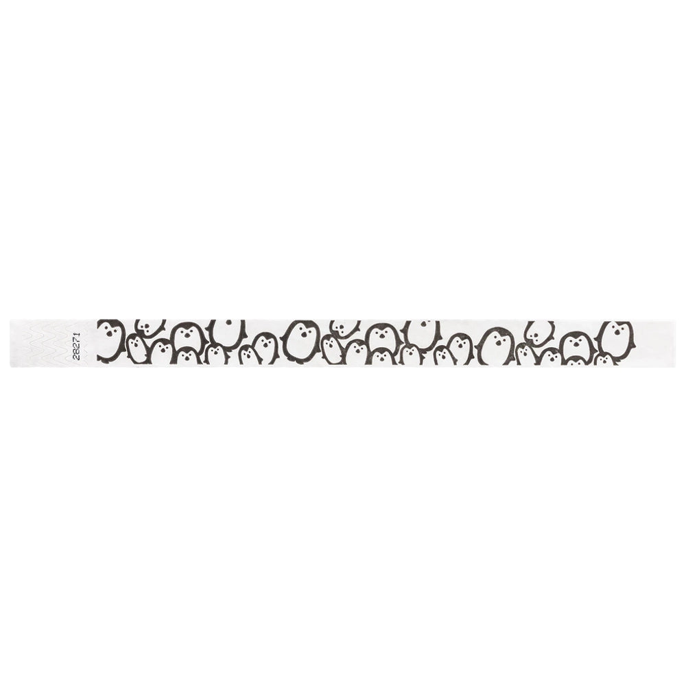 neon blue Tyvek Wristband with black penguins - flat version shown