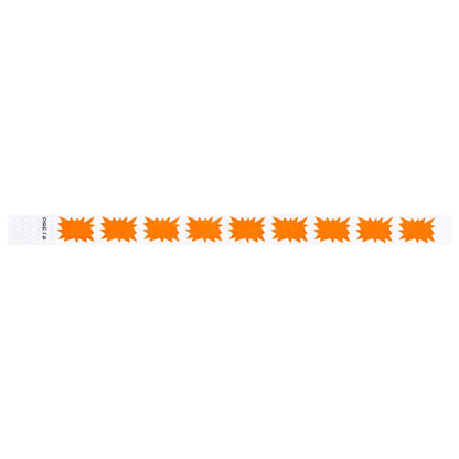 White tyvek wristband with neon orange starburst pattern - shown in flat 