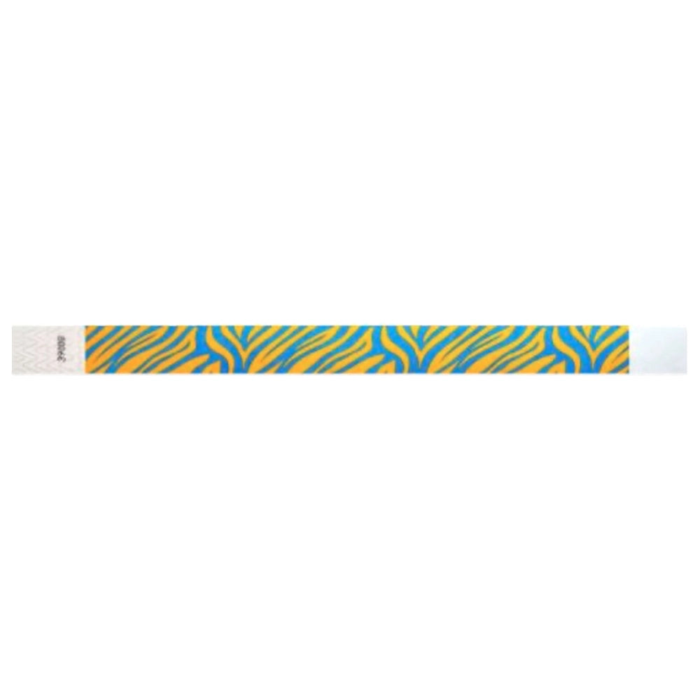 neon orange tyvek wristband with neon blue zebra pattern - flat version shown