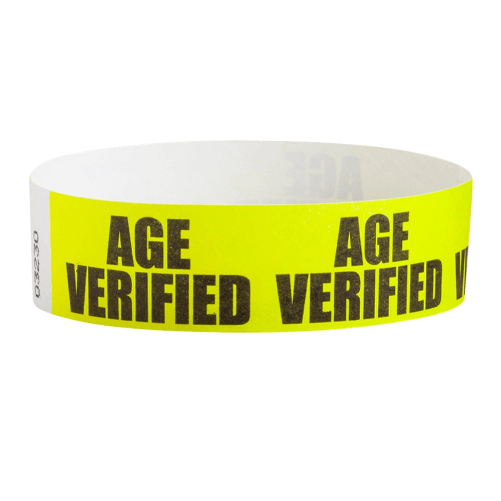 Neon yellow tyvek wristband with 'AGE VERIFIED' text in black ink - round version shown